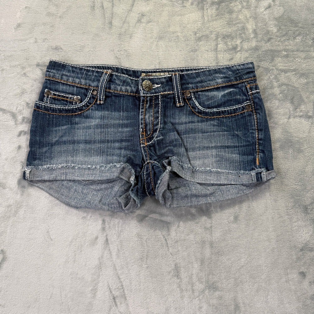 BKe Stella Womens Denim Jean Shorts Size 26 Blue Low Rise Frayed Hem